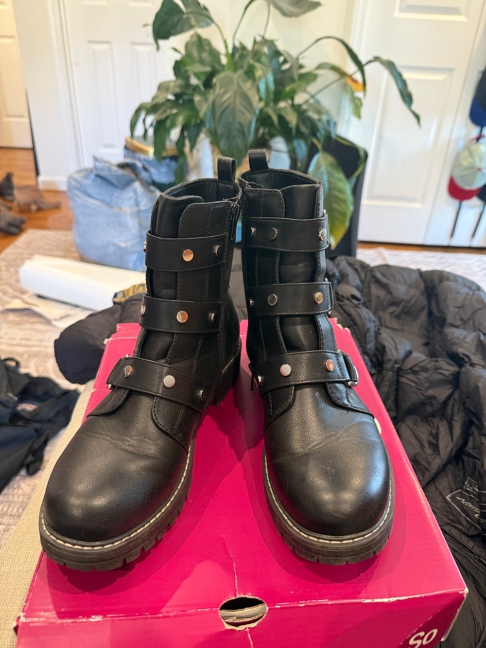 SO Black Stud-Detail Combat Moto Boots